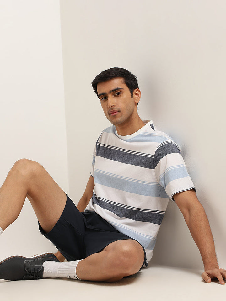 WES Lounge Blue Cotton-Blend Relaxed Fit T-Shirt