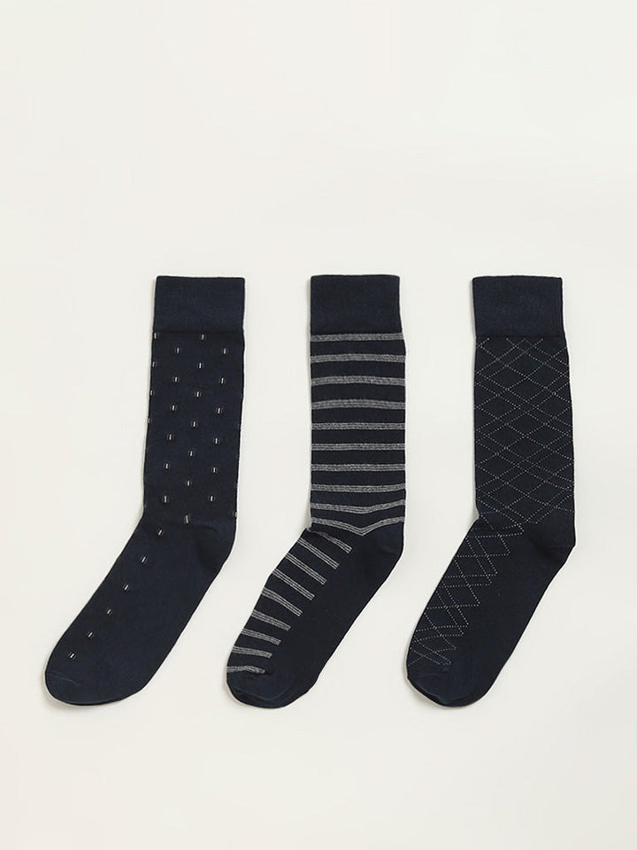 WES Lounge Navy Printed Cotton-Blend Full Length Socks - Pack of 3