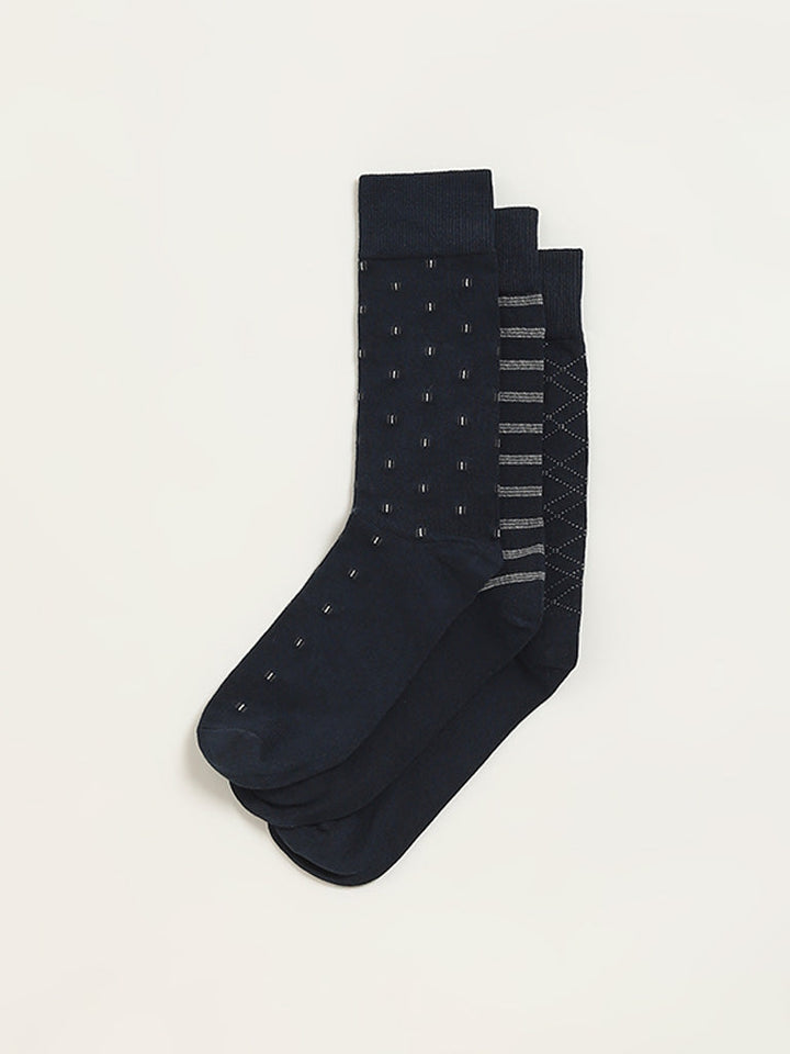 WES Lounge Navy Printed Cotton-Blend Full Length Socks - Pack of 3