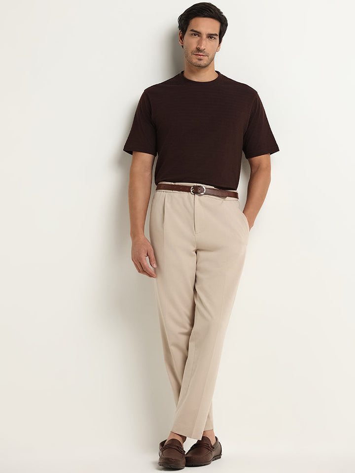 WES Lounge Brown Textured Relaxed Fit Linen-Blend T-Shirt