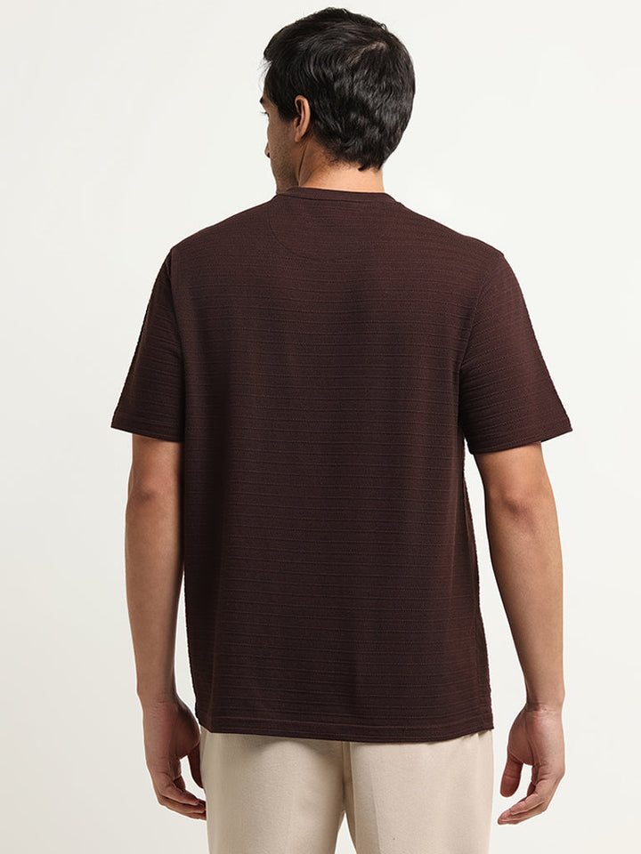 WES Lounge Brown Textured Relaxed Fit Linen-Blend T-Shirt