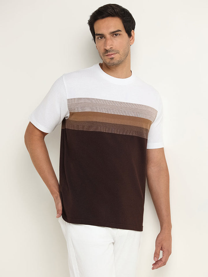 WES Lounge Brown Striped Cotton-Blend Relaxed Fit T-Shirt