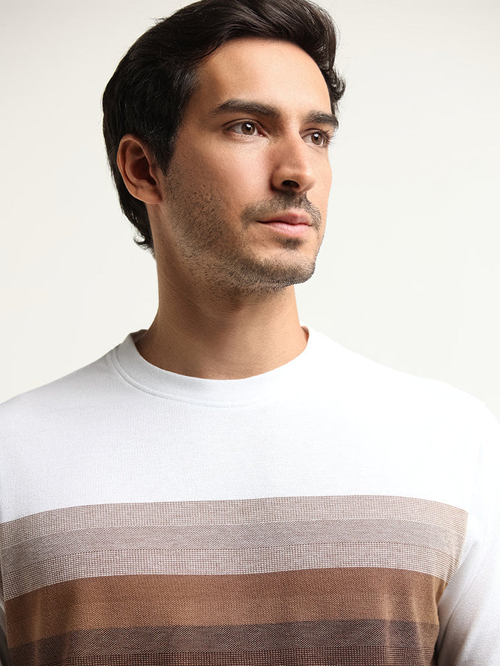 WES Lounge Brown Striped Cotton-Blend Relaxed Fit T-Shirt