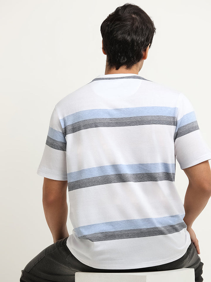 WES Lounge Blue Striped Cotton-Blend Relaxed Fit T-Shirt