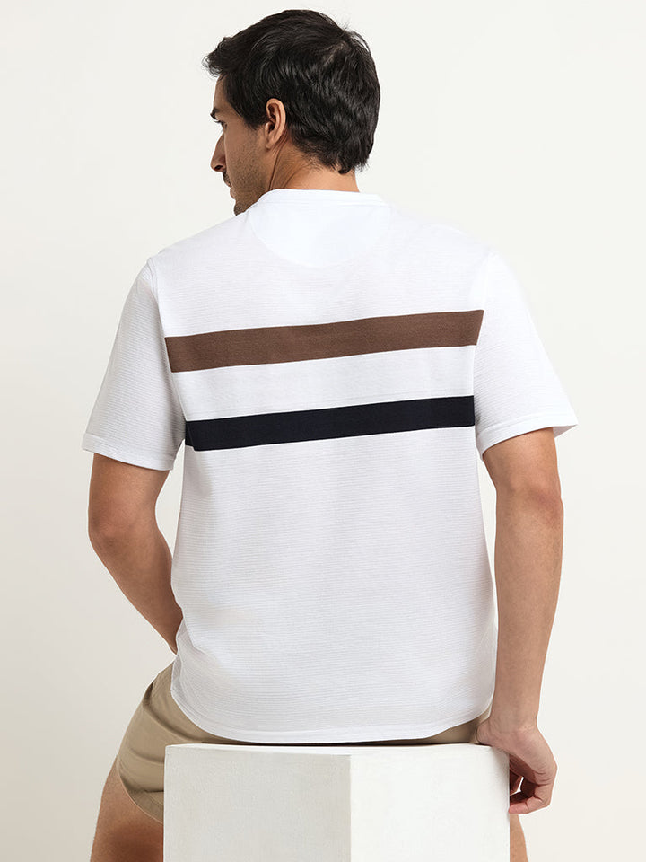 WES Lounge White Striped Cotton-Blend Relaxed Fit T-Shirt
