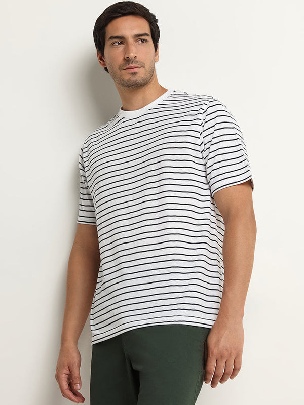 WES Lounge White Striped Cotton-Blend Relaxed Fit T-Shirt