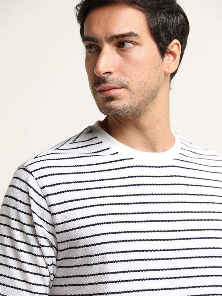 WES Lounge White Striped Cotton-Blend Relaxed Fit T-Shirt