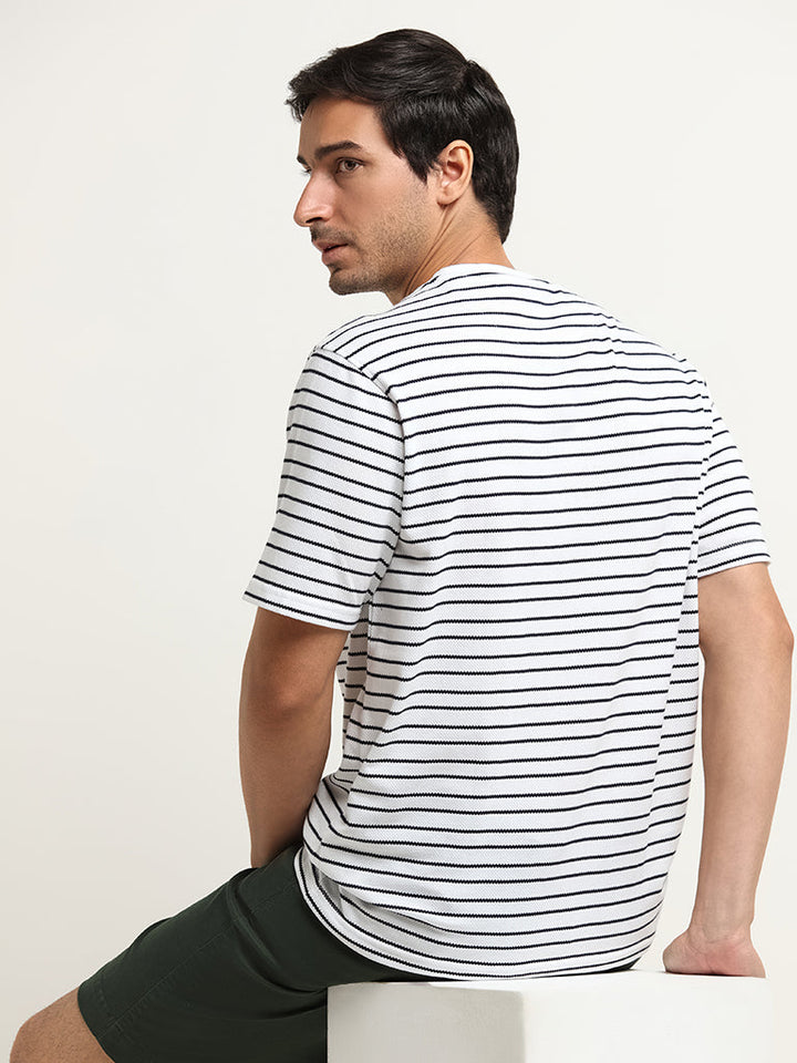 WES Lounge White Striped Cotton-Blend Relaxed Fit T-Shirt
