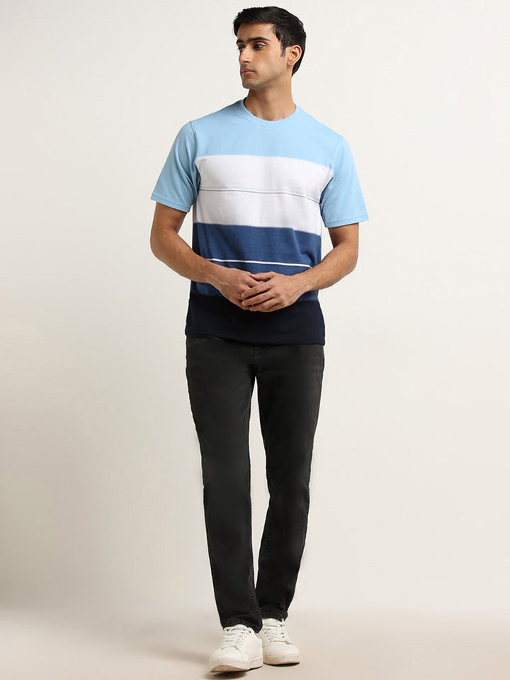 WES Lounge Blue Striped Cotton-Blend Relaxed Fit T-Shirt
