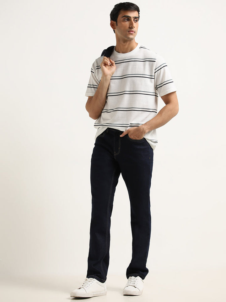WES Lounge White Stripe Printed Cotton T-Shirt