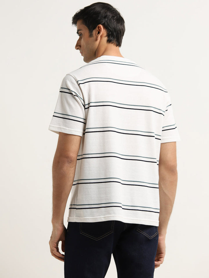 WES Lounge White Stripe Printed Cotton T-Shirt