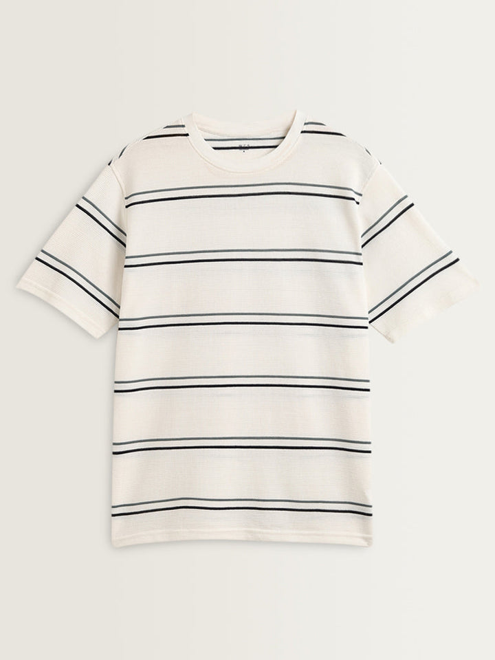 WES Lounge White Stripe Printed Cotton T-Shirt