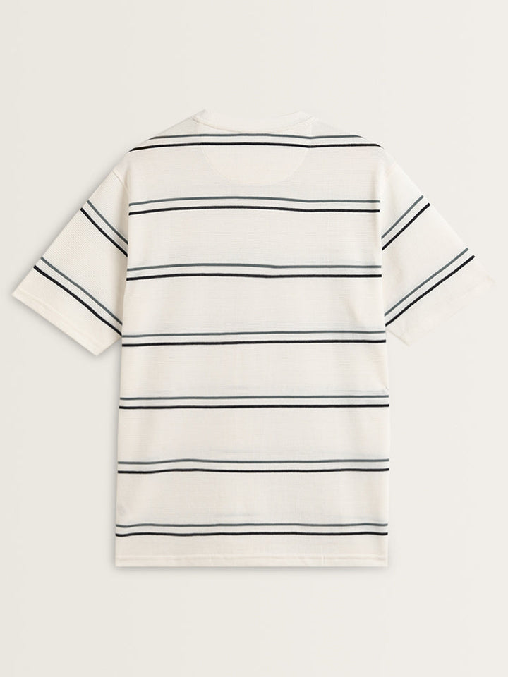 WES Lounge White Stripe Printed Cotton T-Shirt