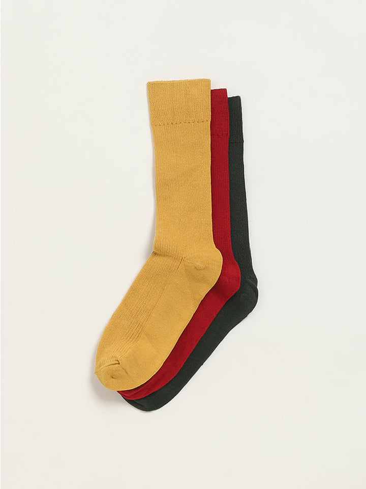 WES Lounge Multicolour Solid Cotton-Blend Full Length Socks - Pack of 3