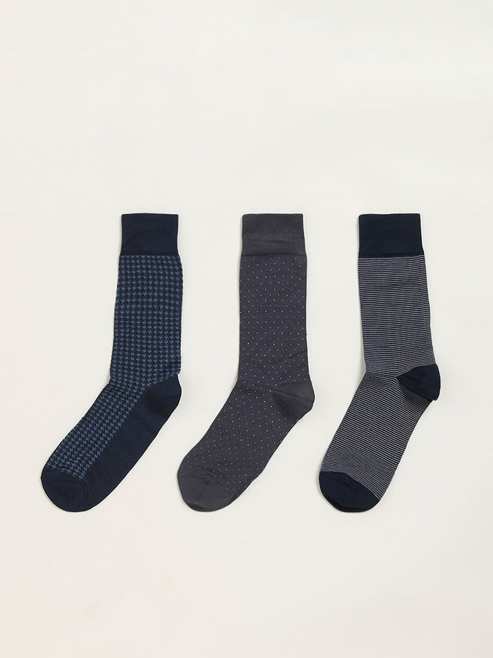 WES Lounge Multicolour Printed Cotton-Blend Full Length Socks - Pack of 3