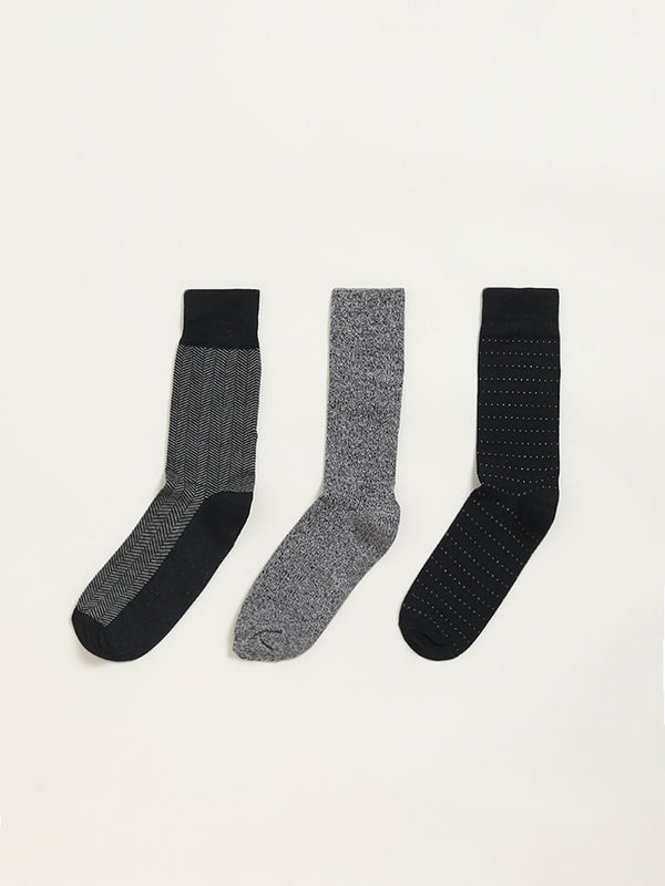 WES Lounge Black Printed Cotton-Blend Full Length Socks - Pack of 3
