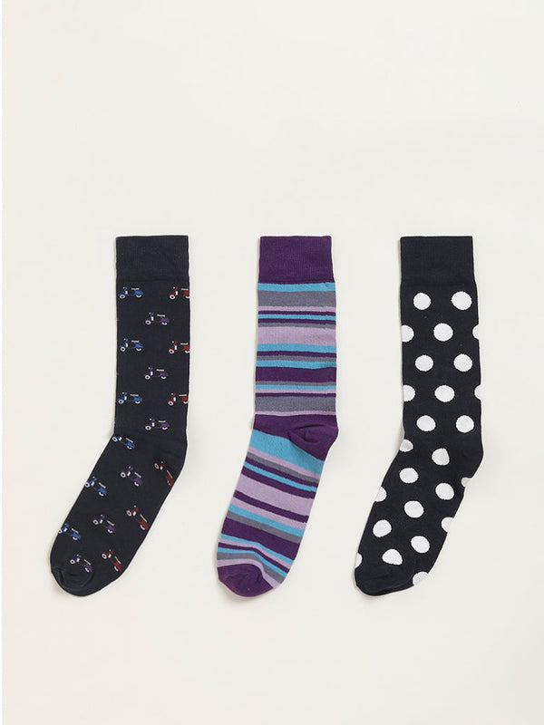 WES Lounge Multicolour Printed Cotton-Blend Full Length Socks - Pack of 3