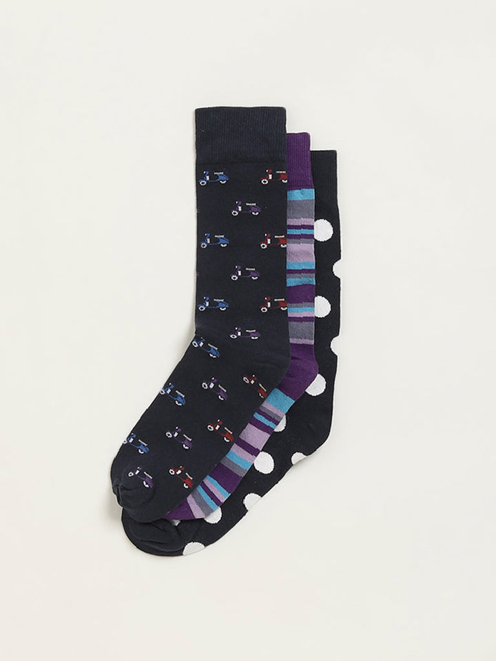 WES Lounge Multicolour Printed Cotton-Blend Full Length Socks - Pack of 3