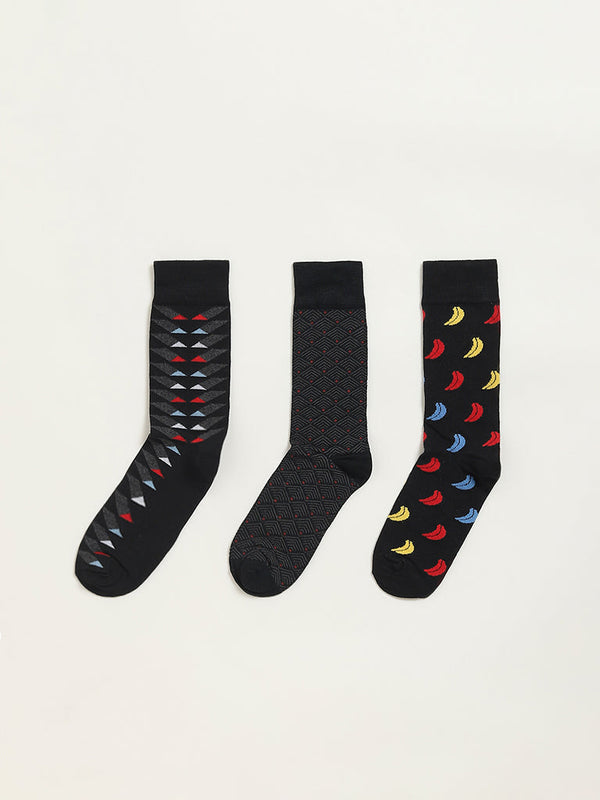 WES Lounge Black Printed Cotton-Blend Full Length Socks - Pack of 3