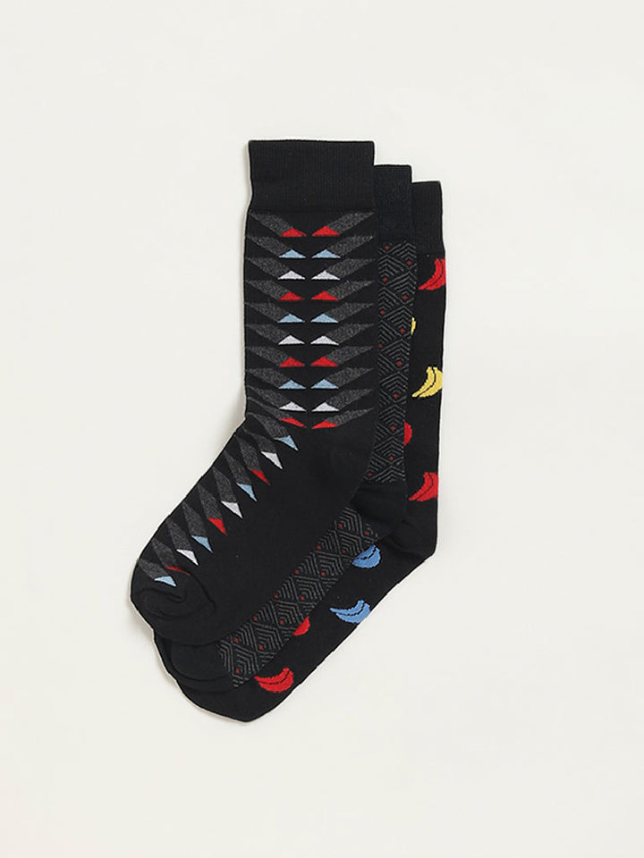 WES Lounge Black Printed Cotton-Blend Full Length Socks - Pack of 3