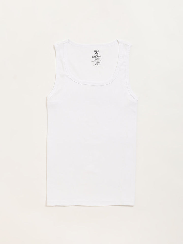 WES Lounge White Ribbed Cotton Vests - Pack of 2