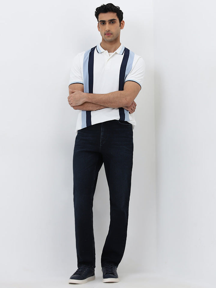 WES Casuals Dark Blue Wash Relaxed-Fit Mid-Rise Jeans