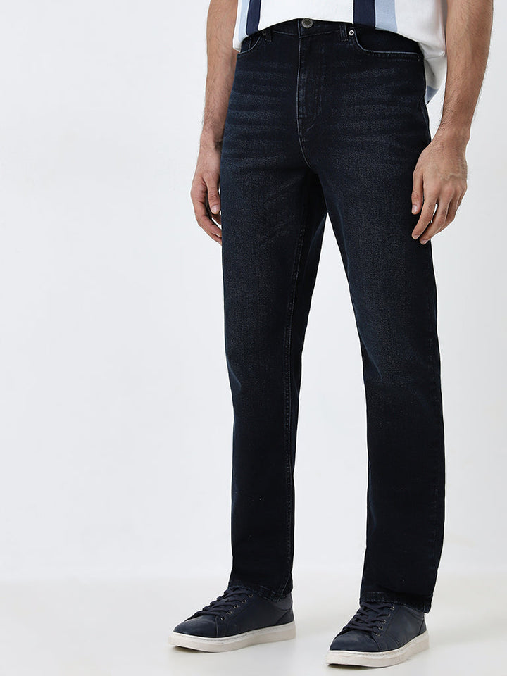 WES Casuals Dark Blue Wash Relaxed-Fit Mid-Rise Jeans