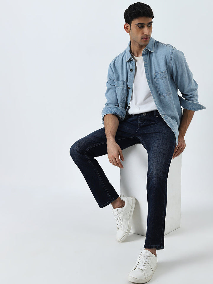 WES Casuals Dark Blue Faded Slim-Fit Mid-Rise Jeans