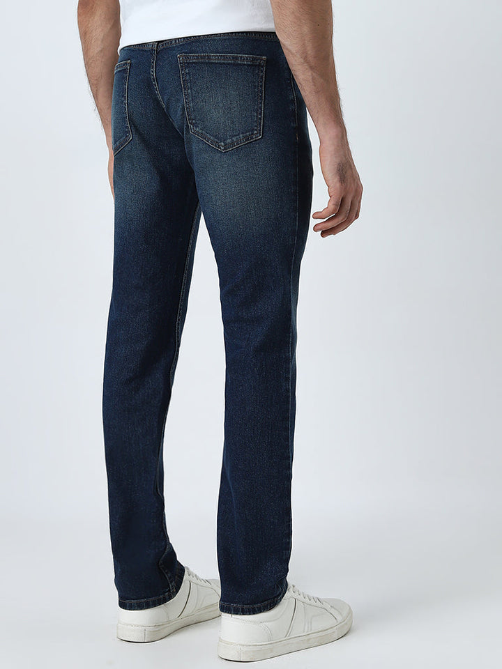 WES Casuals Dark Blue Washed Slim-Fit Mid-Rise Jeans