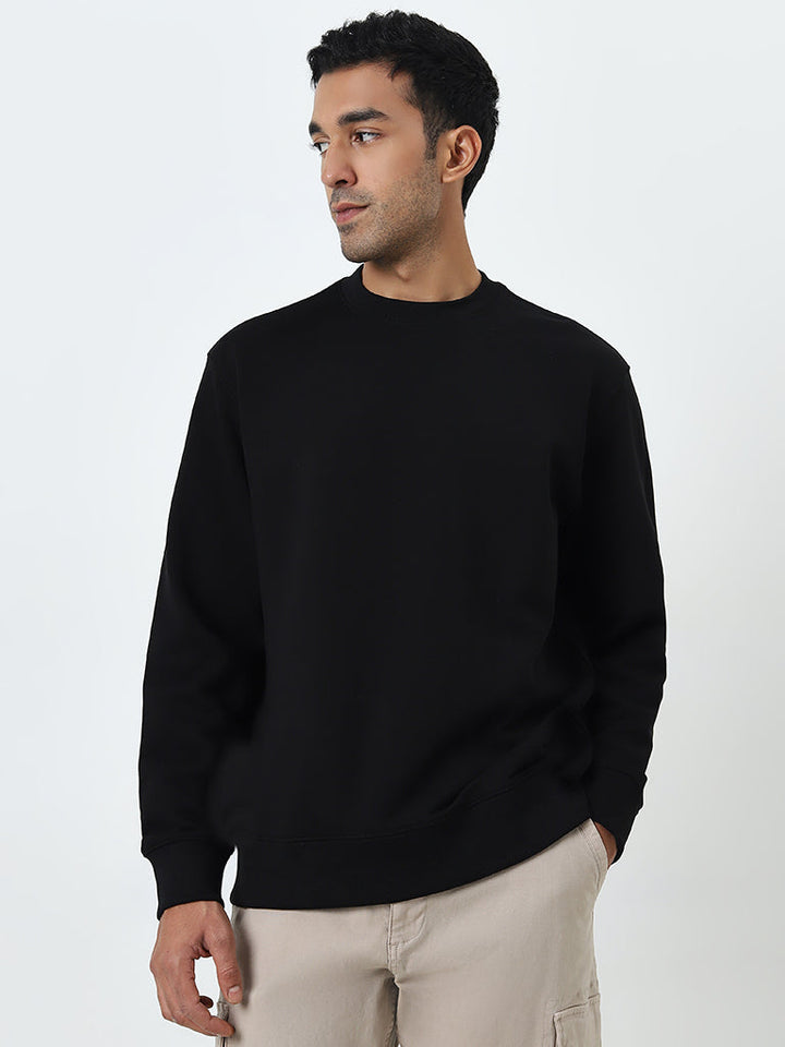 WES Casuals Black Solid Relaxed-Fit Cotton-Blend Sweatshirt