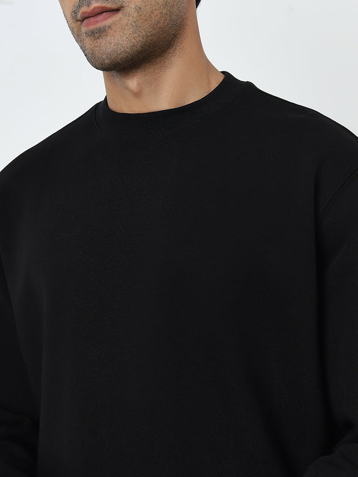 WES Casuals Black Solid Relaxed-Fit Cotton-Blend Sweatshirt