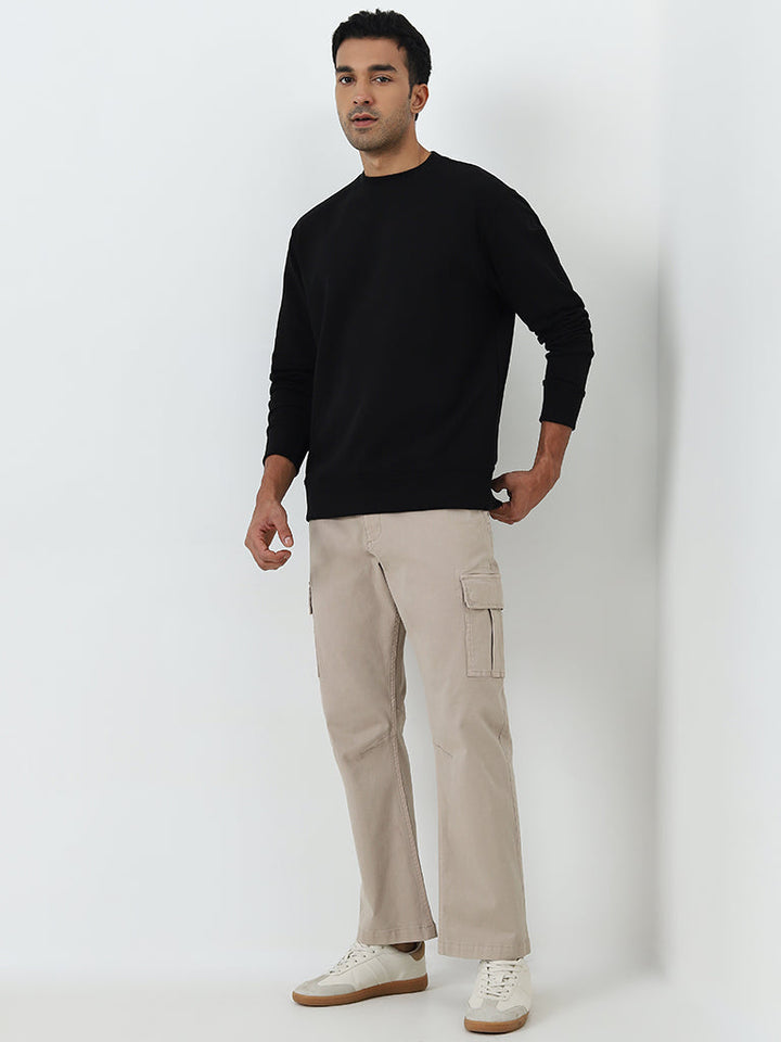 WES Casuals Black Solid Relaxed-Fit Cotton-Blend Sweatshirt