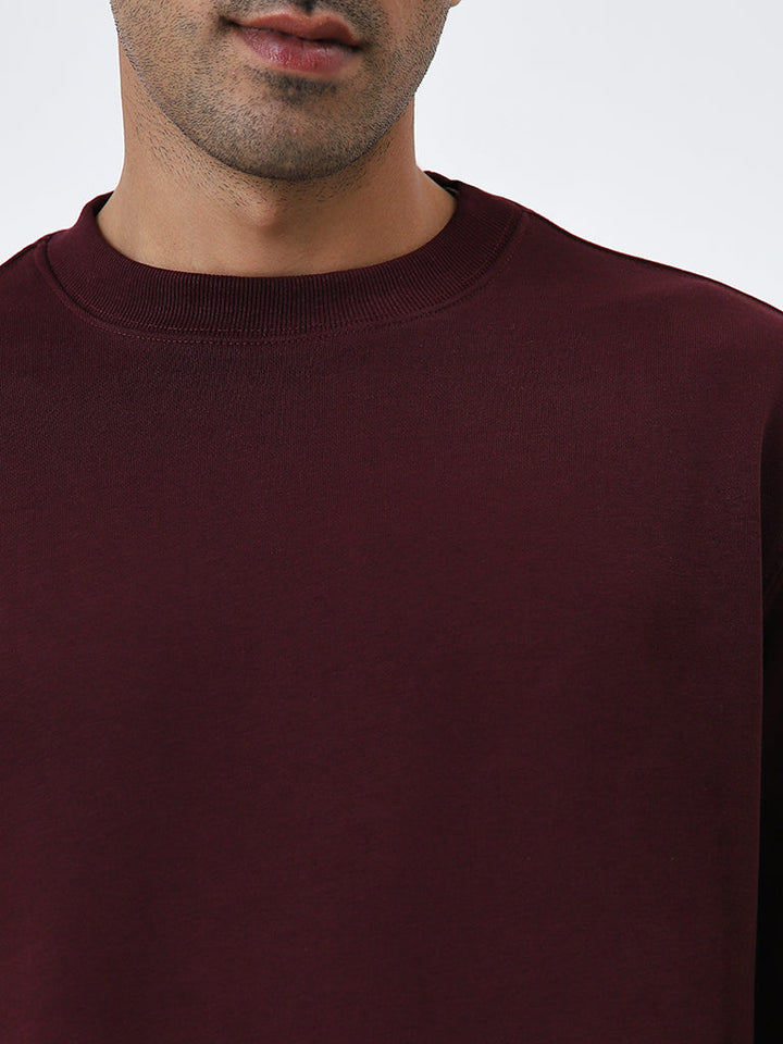 WES Casuals Burgundy Relaxed Fit Cotton-Blend Sweatshirt