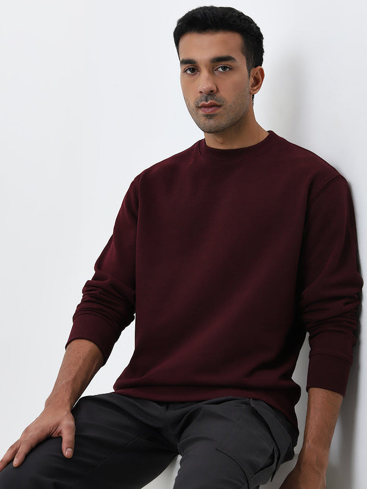 WES Casuals Burgundy Relaxed Fit Cotton-Blend Sweatshirt