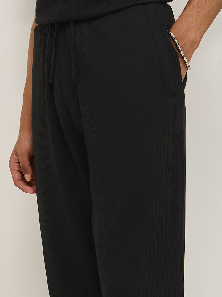 Studiofit Black Ribbed Relaxed-Fit Mid-Rise Track Pants