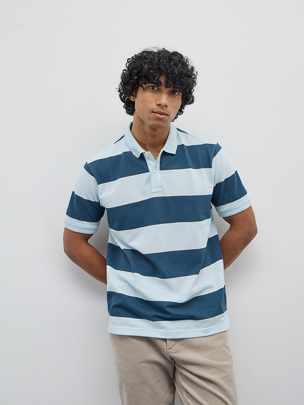 WES Casuals Blue Striped Relaxed-Fit Cotton-Blend Polo T-Shirt