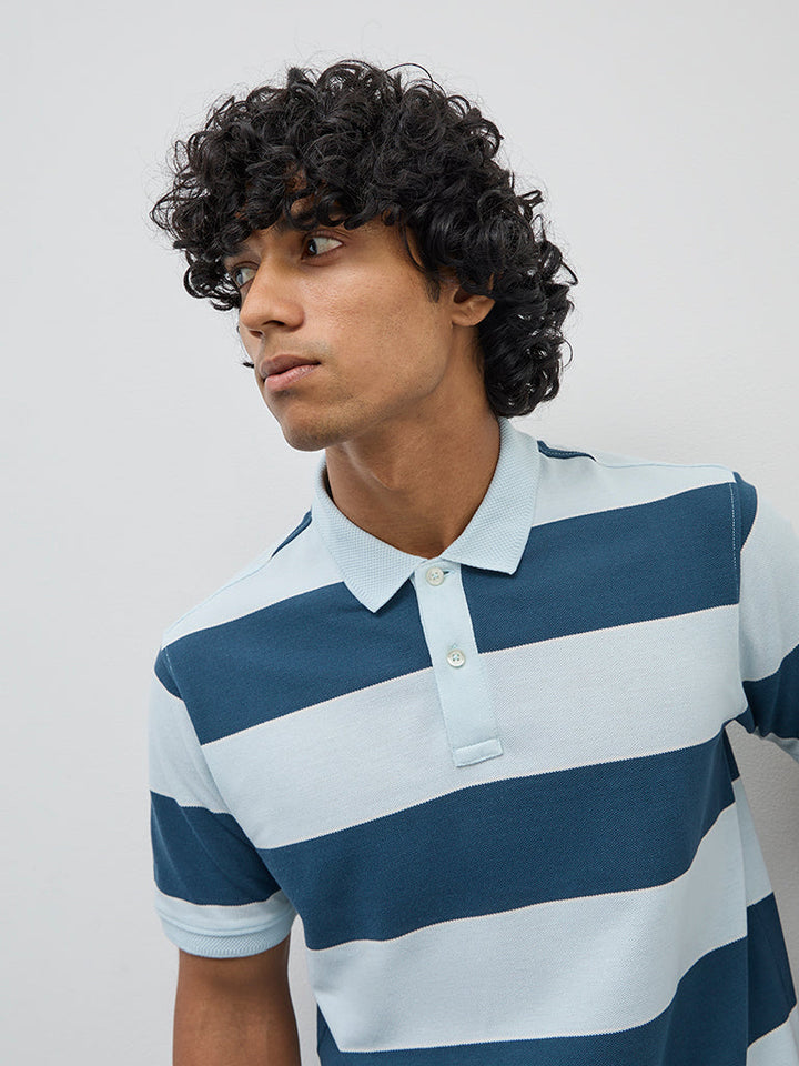 WES Casuals Blue Striped Relaxed-Fit Cotton-Blend Polo T-Shirt