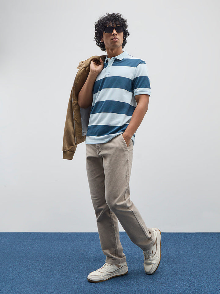 WES Casuals Blue Striped Relaxed-Fit Cotton-Blend Polo T-Shirt