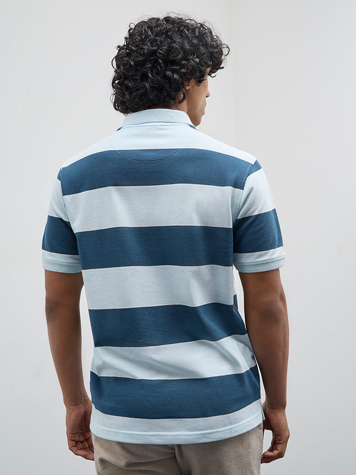WES Casuals Blue Striped Relaxed-Fit Cotton-Blend Polo T-Shirt