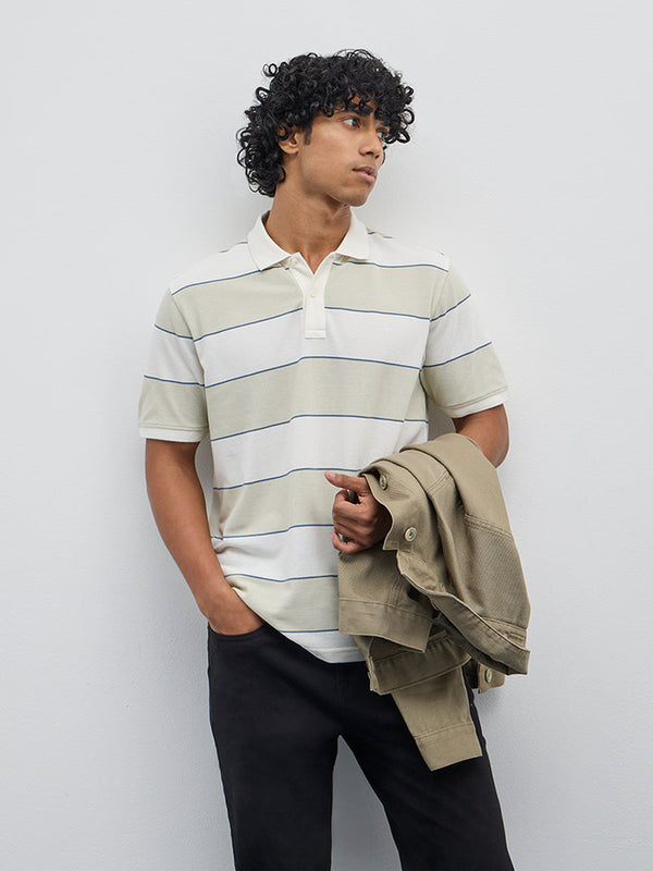 WES Casuals Sage Striped Relaxed-Fit Cotton-Blend Polo T-Shirt
