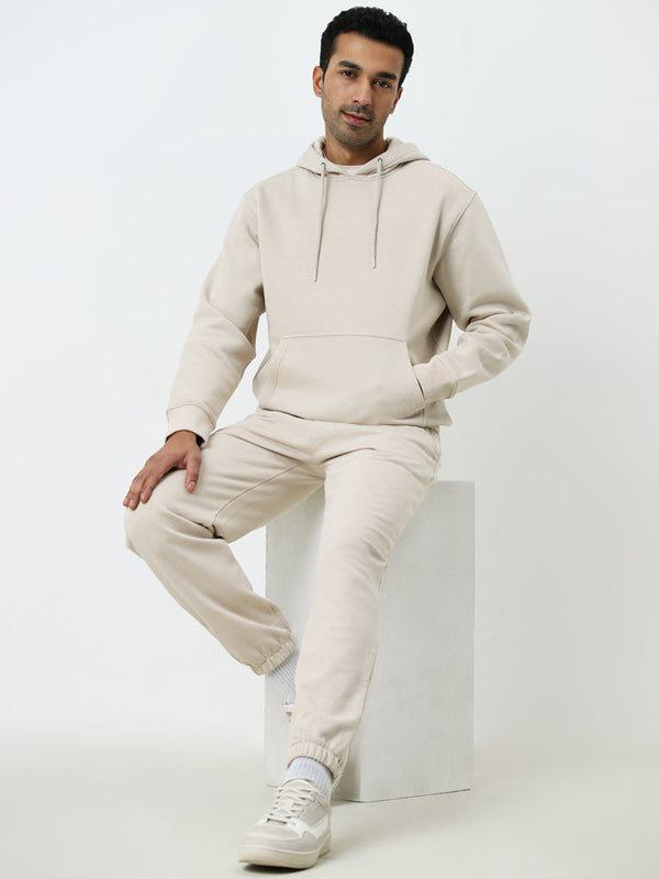 WES Casuals Beige Relaxed-Fit Mid-Rise Cotton-Blend Track Pants