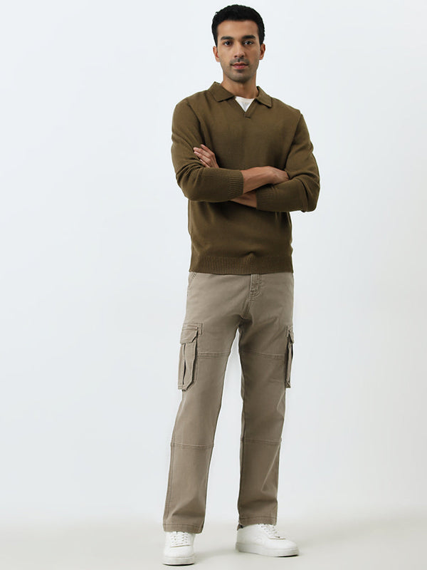 WES Casuals Taupe Relaxed-Fit Mid-Rise Cargo Jeans