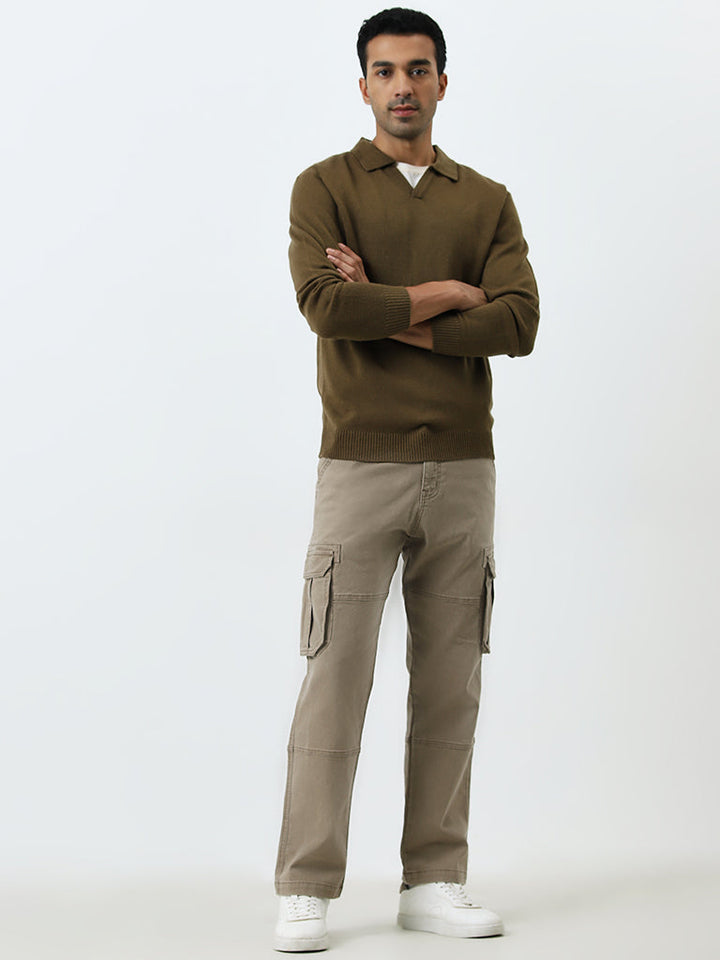 WES Casuals Taupe Relaxed-Fit Mid-Rise Cargo Jeans