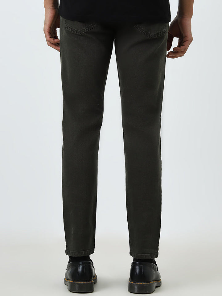 WES Casuals Dark Olive Slim-Fit Mid-Rise Jeans