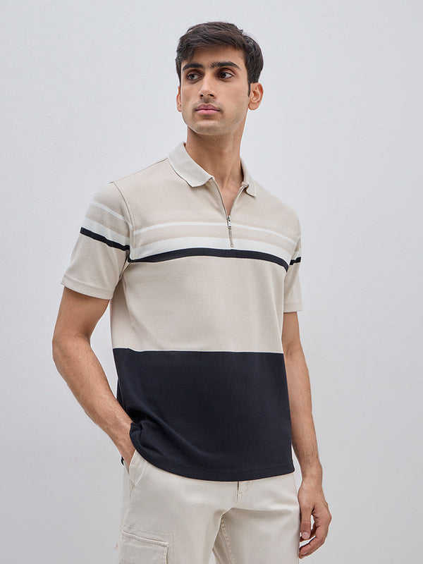 WES Casuals Beige Quarter Zip Cotton-Blend Polo T-Shirt