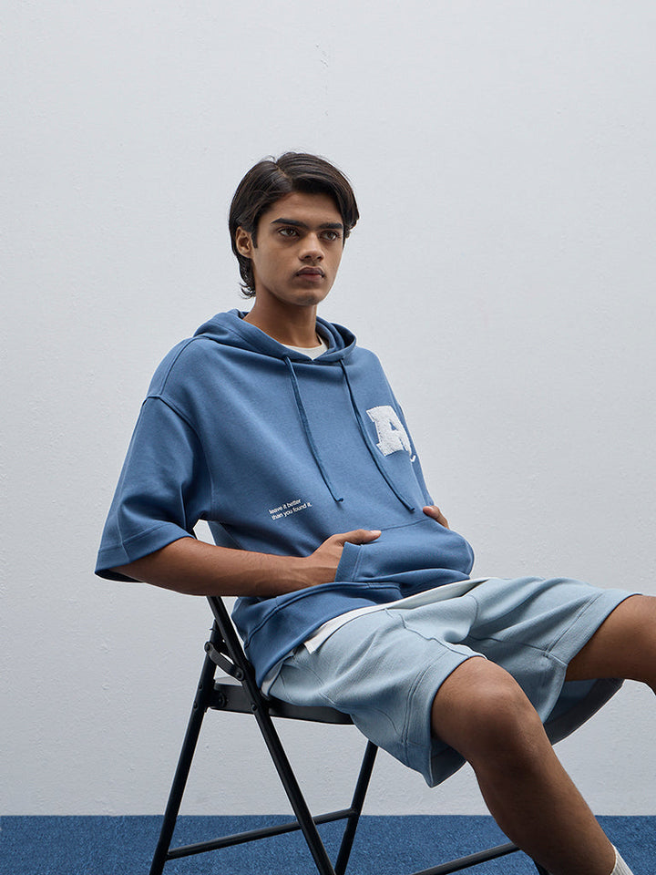 Studiofit Blue Text Printed Relaxed-Fit Cotton-Blend Hoodie