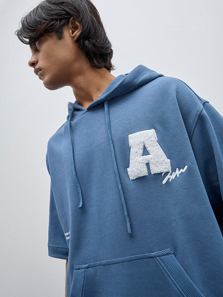 Studiofit Blue Text Printed Relaxed-Fit Cotton-Blend Hoodie