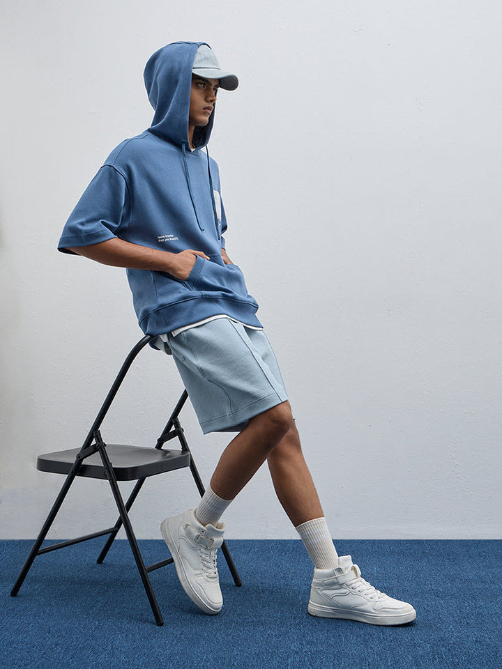 Studiofit Blue Text Printed Relaxed-Fit Cotton-Blend Hoodie