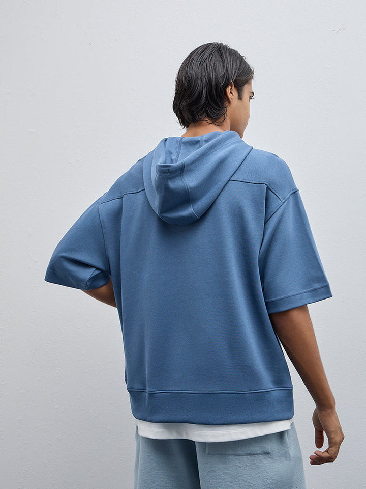 Studiofit Blue Text Printed Relaxed-Fit Cotton-Blend Hoodie