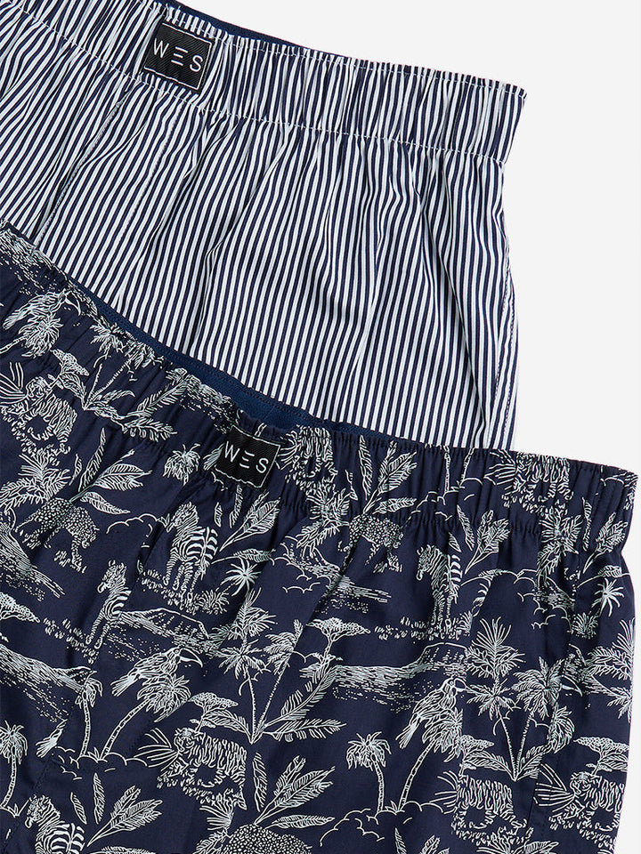 WES Lounge Navy Printed Cotton Boxers - Pack of 2